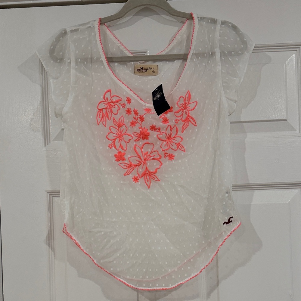Hollister White Sheer Dot Blouse with Neon Coral Floral Embroidery